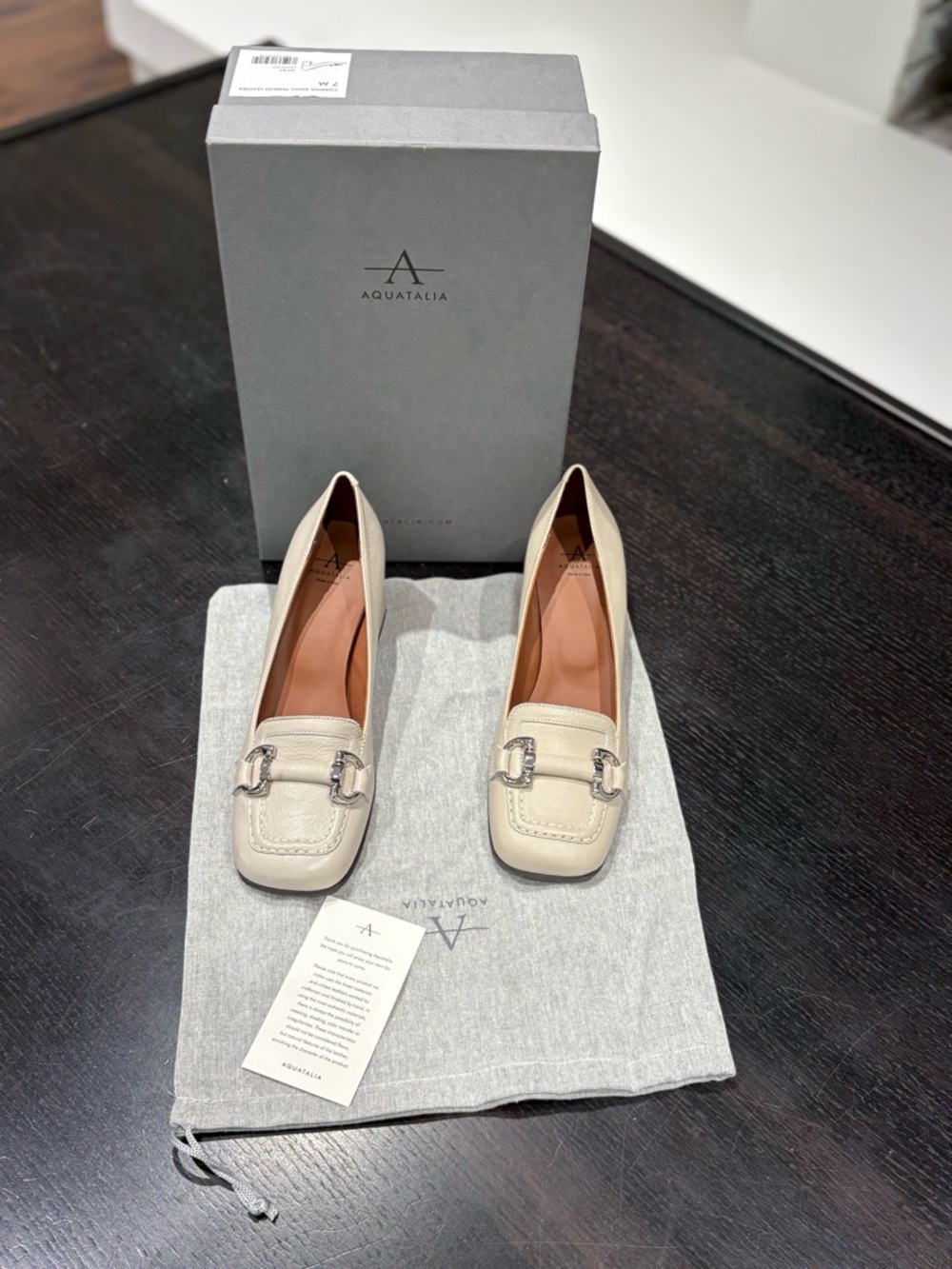 Aquatalia Corrina Small Pebbled Ivory Leather Bit-Detail Loafers Pump Size 7 New